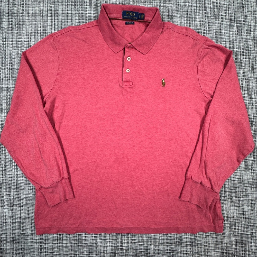 Polo Ralph Lauren Polo Shirt Mens Large Pink Classic Fit Cotton Long Sleeve Pony